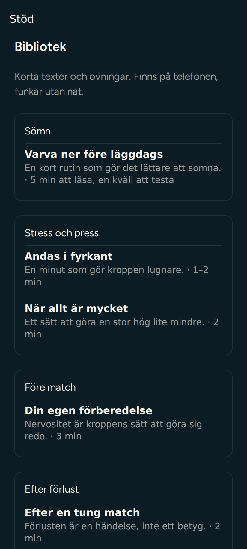 Appens bibliotek med korta texter och övningar för stöd i idrottsvardagen.